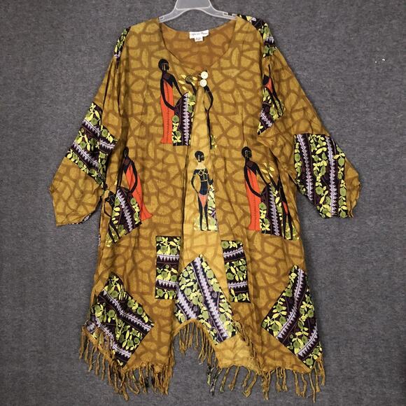 African Essence Tunic Plus 4X Vintage Two Button Open Front Fringe Hem Ethnic - Picture 1 of 12